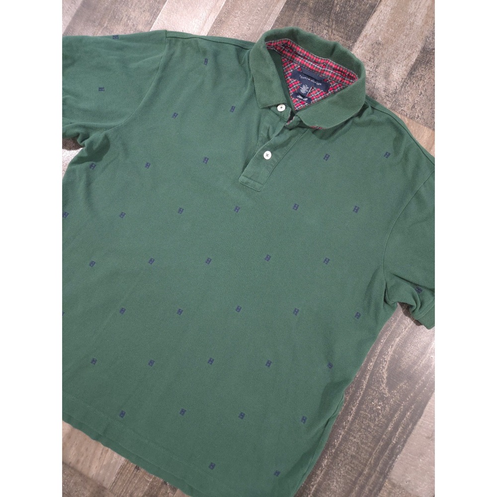 VTG Tommy Hilfiger Men's XL Polo Green Navy Monogram Plaid Collar Slim Fit 2013
